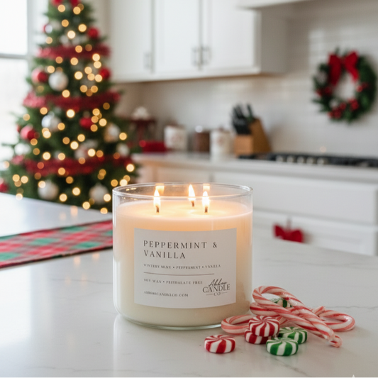 A lit candle in a clear glass jar sits on a kitchen counter with candy canes nearby, set against a softly blurred Christmas kitchen background with a tree, wreath, and cabinets.