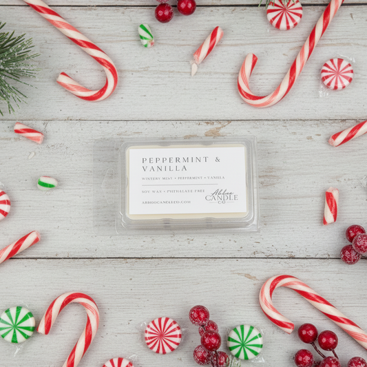 A clear plastic clamshell package of Fabrique Candle Peppermint & Vanilla scented wax candles sits centered on a whitewashed wood surface, surrounded by holiday decorations including candy canes, red berries, pine branches, and peppermint candies.
