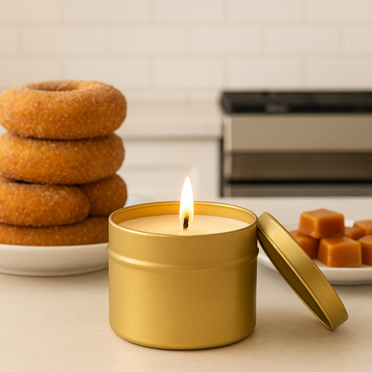Pumpkin and Caramel Donut 6 oz Gold Tin Soy Candle