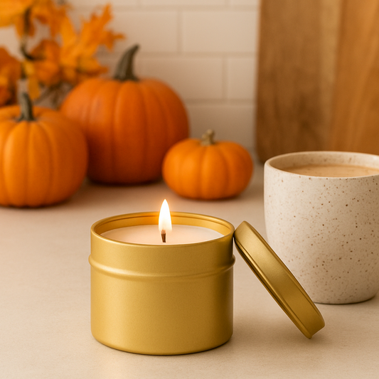 Pumpkin and Chai 6 oz Gold Tin Soy Candle