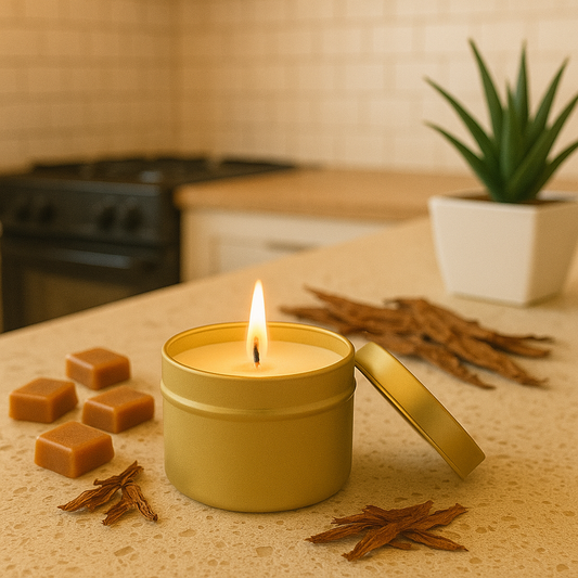 Tobacco and Caramel Gold Tin Candle