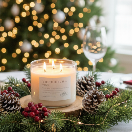 A lit scented candle in a glass jar sits on a decorated holiday table runner with pine branches, red berries, and gold string lights, with a blurred Christmas tree in the background.