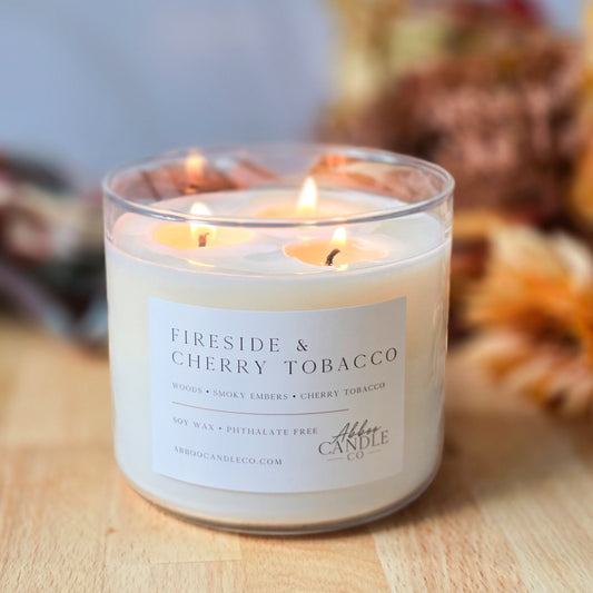Fireside and Cherry Tobacco 3 - Wick Soy Candle - Abboo Candle Co® Wholesale