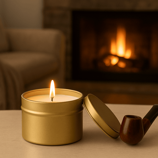 Fireside and Cherry Tobacco 6 oz Gold Tin Soy Candle - Abboo Candle Co® Wholesale