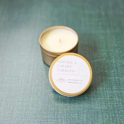 Fireside and Cherry Tobacco Gold Tin Candle - Abboo Candle Co® Wholesale