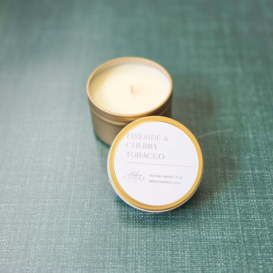 Fireside and Cherry Tobacco Gold Tin Candle - Abboo Candle Co® Wholesale