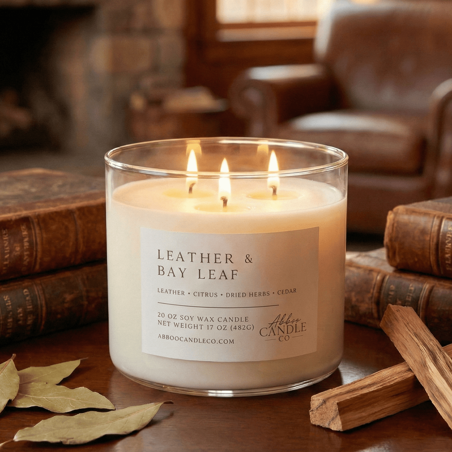 Leather and Bay Leaf 3 - Wick Soy Candle - Abboo Candle Co® Wholesale