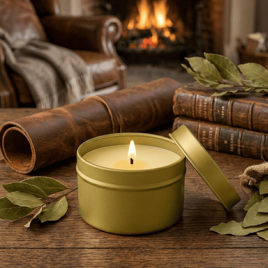 Leather and Bay Leaf Gold Tin Candle 6oz - Abboo Candle Co® Wholesale