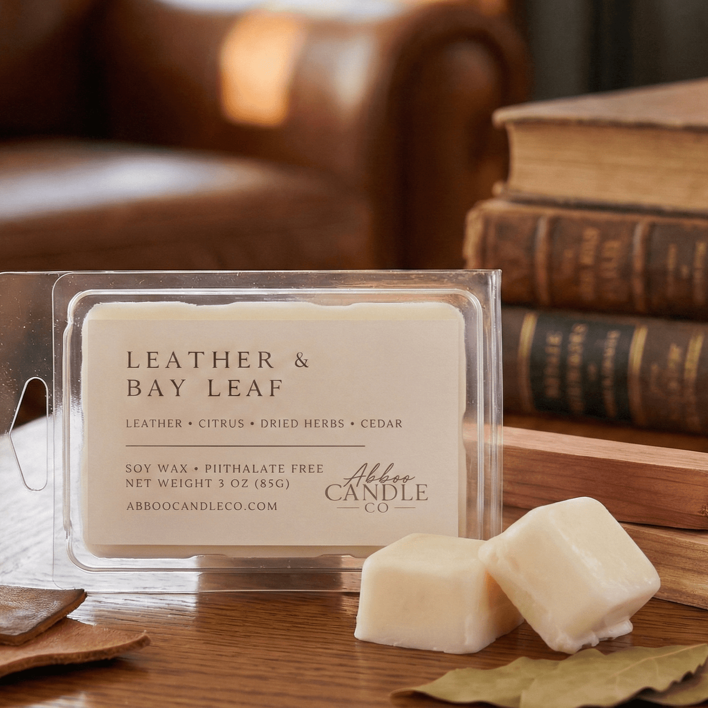 Leather and Bay Leaf Soy Wax Melts - Abboo Candle Co® Wholesale