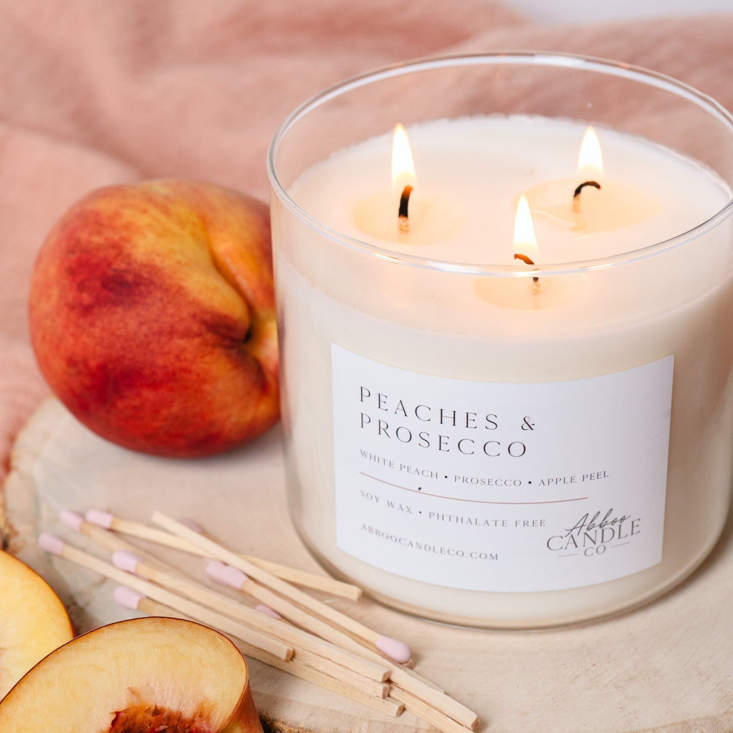 Peaches and Prosecco 3-Wick Soy Candle - Abboo Candle Co® Wholesale