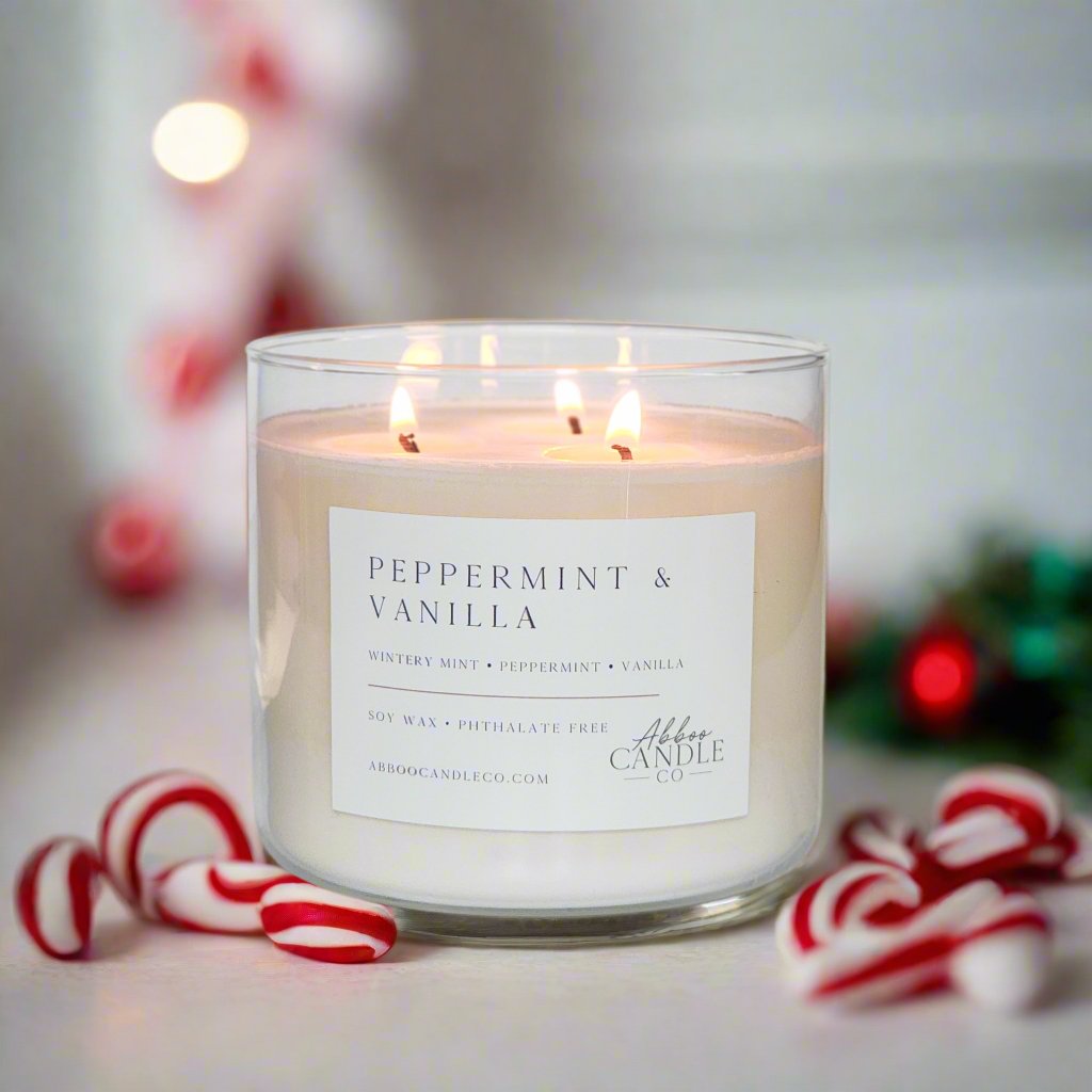 Peppermint and Vanilla 3 - Wick Soy Candle - Abboo Candle Co® Wholesale