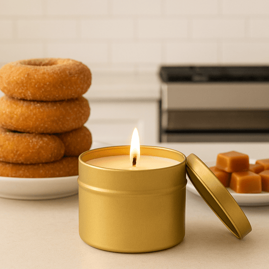 Pumpkin and Caramel Donut 6 oz Gold Tin Soy Candle - Abboo Candle Co® Wholesale