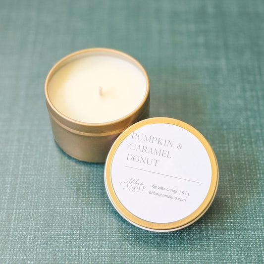 Pumpkin and Caramel Donut Gold Tin Candle - Abboo Candle Co® Wholesale