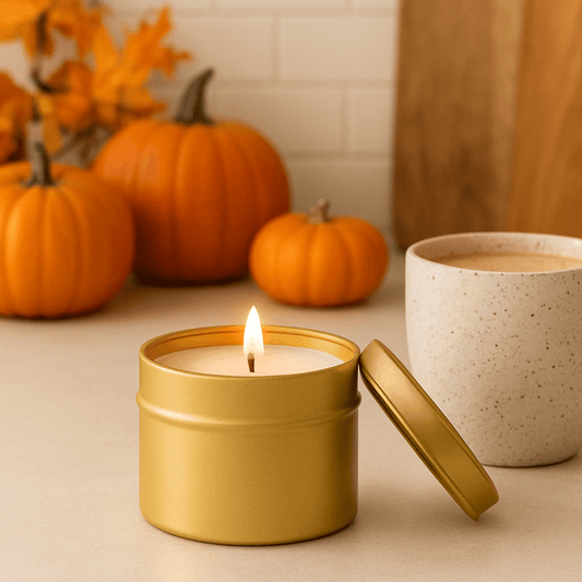 Pumpkin and Chai 6 oz Gold Tin Soy Candle - Abboo Candle Co® Wholesale