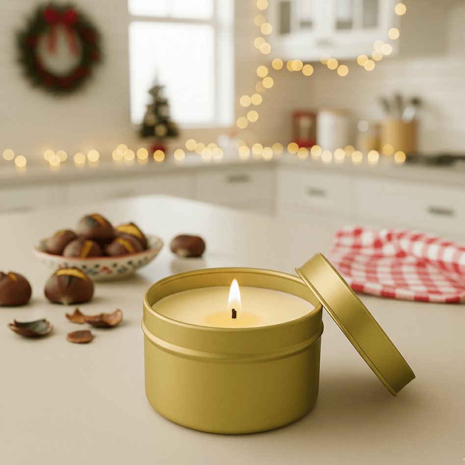 Roasted Chestnuts and Spice Gold Tin Candle - Abboo Candle Co® Wholesale
