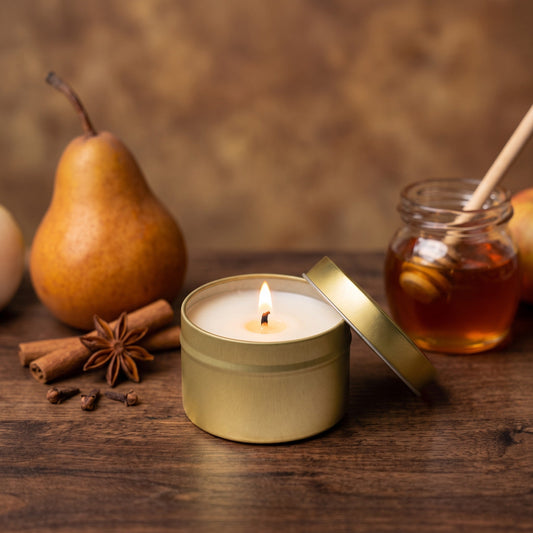 Spiced Pear and Honey 6 oz Gold Tin Soy Candle - Abboo Candle Co® Wholesale